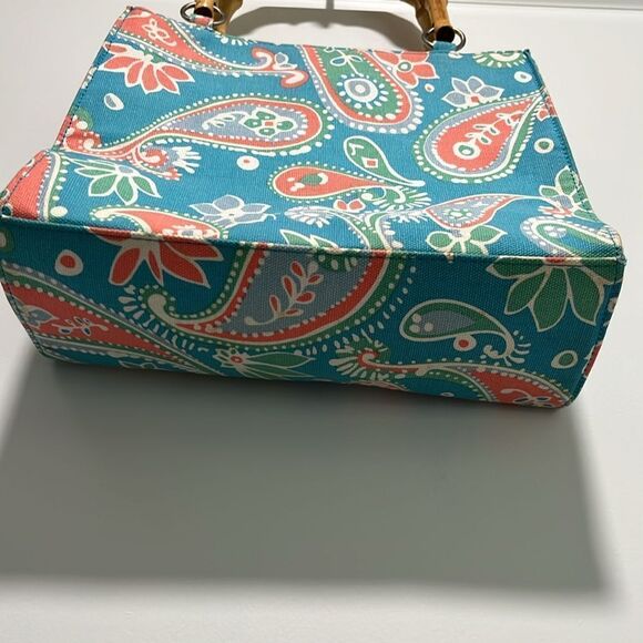 Sunny Hawaii Paisley Print Light Teal and Coral Handbag with Bamboo Handle VTG - Picture 2 of 9